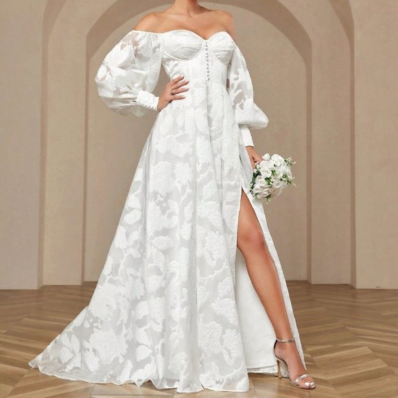 . Dresses & Skirts - White Wedding Fishbone Single Shoulder Split Breasted Long Lantern Sleeve Dress